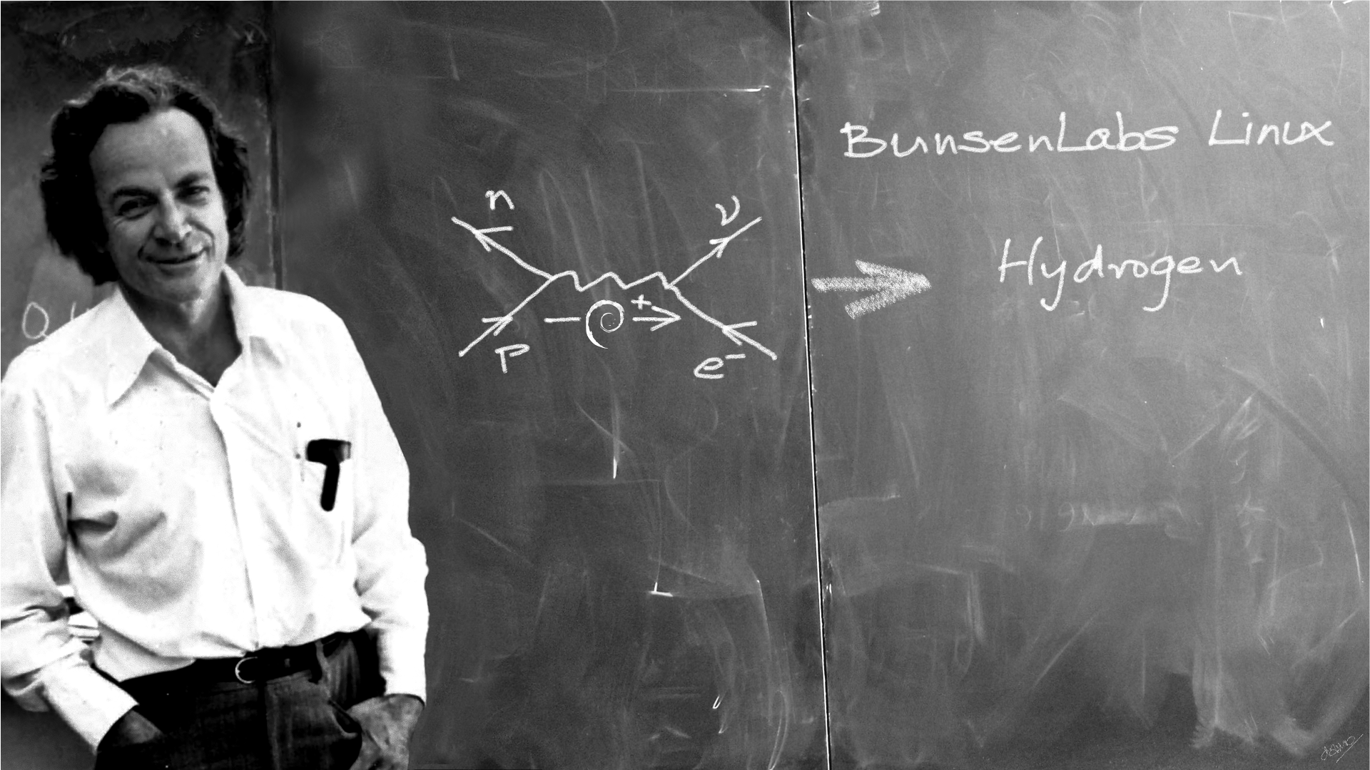 Dr. Richard Feynman na frente de um quadro, com um de seus diagramas desenhados